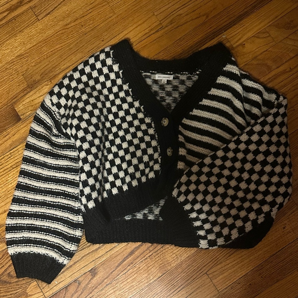 Blu Pepper Black and White Geometric Cardigan Sweater